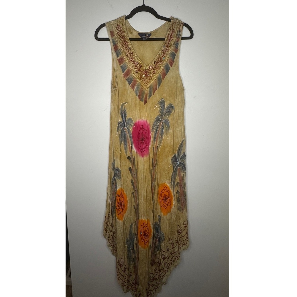 Riviera Sun Tropical Boho Embroidered Sequin Handkerchief Hem Dress L